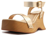 Schutz Lansy Platina Gold Buckle Ankle Strap Wooden-Sole Wedges Style Sandals