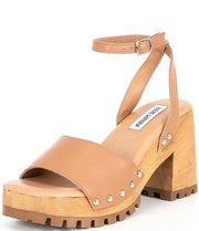 Steve Madden Ocala Tan Leather Ankle Strap Open Toe Wood-Like Platform Sandals
