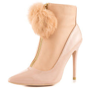 Privileged Queda Nude Patent Pointed Toe Fur Gold Zipper Dress Booties-Beige