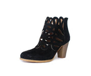 Miracle Miles Urban Retro Black Suede Laser Cutout Stacked Heel Ankle Boots