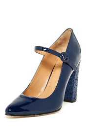 Cecelia New York Jenny Navy Patent Leather Mary-Jane Block Heel Pointed Pumps
