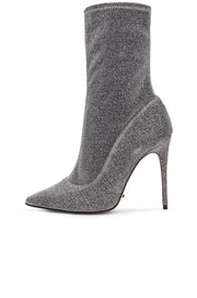 Schutz Mislane Metallic Pointed Toe Sock Boot Fitted Stiletto Boots Black/Silver