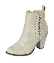 Forever Link Camilia-68 Champagne Mid Heel Lace Design Side Zip Ankle Booties