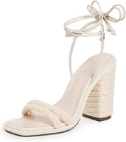 Schutz Leenah Egg Shell Lace Up Open Toe Crochet Cord Style Block Heeled Sandals
