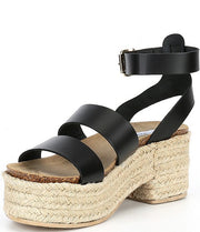 Steve Madden Kelton Black Leather Ankle Strap Open Rounded Toe Heeled Sandals