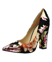 Shoe Republic LA Dafne Black Floral Print Pointed Thick High Heel Fashion Pumps