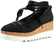 Cape Robbin Fara-5 Tie Up Wedge Platform Black Denim Sandal Pumps White Sole