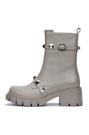 Cape Robbin Yuri Grey Gold Embellished Buckle Strap Block Chunky Heel Moto Boots