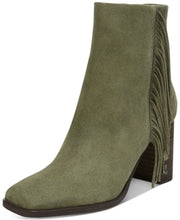 Sam Edelman Ona Olive Suede Leather Almond Toe Block Heel Zipper Fringe Booties