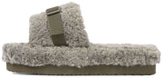Luxemoda Womens Buzzing Khaki Buckle Detail Flatform Slider Faux Fur Sandals