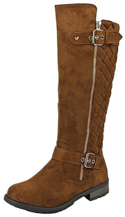 Forever Mango-23 Tan Fashion Zipper Block Heel Leather Two Buckles Riding Boots (8.5, Tan)
