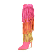 Nine West Tasels Pink Multi Pointy Toe Stiletto Heel Fringe Trim Knee High Boots