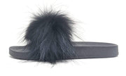 Liliana Nomi-17 Black Real Raccon Fur Slippers Slip On Slides Flats Mules