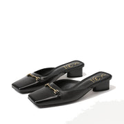 Sam Edelman Ollie Black Leather Squared Toe Slip On Block Heeled Mules Clogs