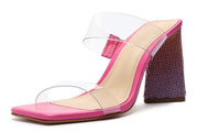 Schutz Ariellen Pink Open Toe Translucent Strap Triangle High Block Heel Sandals