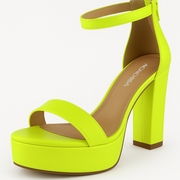 Top Moda Thomas-52 Neon Yellow Ankle Strap High Block Heel Open Toe Heeled Sandals