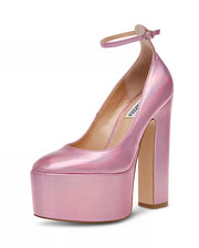 Steve Madden Skyrise Pink Iridescent Block Heel Almond Toe Ankle Strap Pumps
