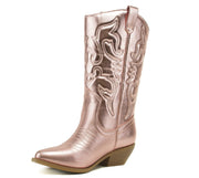 Soda Red Reno Light-Pink Metallic Pu Western Pointed Toe Knee High Pull On Boots