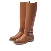 Sam Edelman Freda Cashew Leather Zipper Block Heel Round Toe Knee High Boots