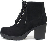 Soda Second Lug Sole Chunky Block Heel Black Suede Lace up Combat Ankle Booties