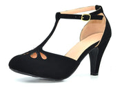 Chase and Chloe Kimmy-36 Black Nubuck Kitten Heel Rounded Toe Ankle Strap Pumps