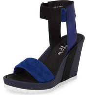 Shellys London Kayleigh Blue Multi Suede Ankle Strap Platform Retro Wedge Sandal