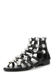 Cape Robbin OMH-24 Black Vegan Leather Big Gems Rhinestone Caged Flat Sandals