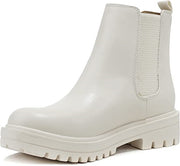 Soda Pilot Bone Pu Lug Sole Low Heel Chelsea Ankle Bootie Double Elastic Gore