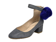 Cecelia New York Liv INK Blue Suede Fox Fur Pom Pom Kitten Block Heel Dress Pump