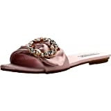 Cape Robbin Sadie-3 Pink Satin Rhinestone Brooch Open Toe Slide Flat Sandal