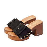 Sam Edelman Marcia Black Suede Squared Open Toe Slip On Block Heeled Sandals.