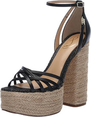 Sam Edelman Kade Black Leather Ankle Strap Open Toe Espadrille Block Heel Sandals