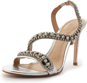 Schutz Court Prata Metallic Crystal Studs Pull On Open Toe Stiletto Heel Sandals