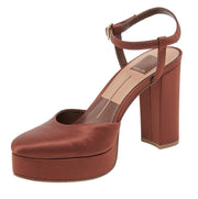 Dolce Vita Claud Chocolate Satin Ankle Strap Pointed Toe Block Heeled Pump Sandals