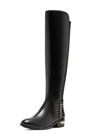 Vince Camuto Prolanda Black Leather Chain Detail Flat Heel Knee High Riding Boot