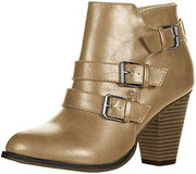 Forever Link Camila-64 Taupe Fashion Buckle Strap Block Heel Ankle Booties