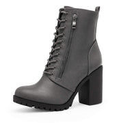 DREAM PAIRS Chunky Grey Fashion Lace Up Round Toe High Block Heel Ankle Booties 8