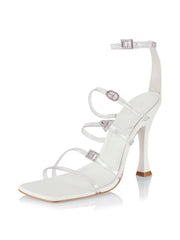 Schutz Noelle White Crystal Detail Ankle Strap Open Toe Flared High Heel Sandals