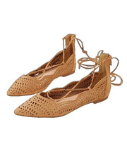 Qupid Strike-02X Blush Suede Fashion Perforated Lace Up Flat Ballet Shoes