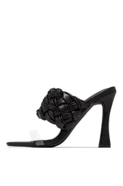 CAPE ROBBIN Tremble Black High Heel Open Toe Clear Mule Woven Pumps Sandals