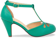 Chase & Chloe Kimmy-36 Teardrop T-Strap Mid Heel Pumps Green Pu