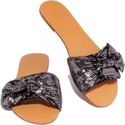 Shoe Republic Kentt Feeling Hot Black Shimmer Flat open Toe Slide Mule Sandals