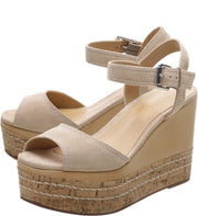 Schutz Muna Amber Light Nude Suede Cork Lined Stitched Wedge Platform Sandals
