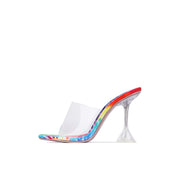 Cape Robbin Women's MADRID square open toe Heeled Sandals Tie Die Mules CLEAR