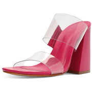 Schutz Victorie Vibrant Pink Clear Strap Slip On Open Toe High Block Heel Sandals