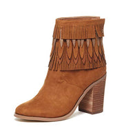 Yellow Box Sunny Chestnut Boho Chik Layered Fringe Stacked Heel Ankle Booties