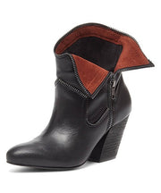 Kelsi Dagger Ingrid Black Leather Folded Lining Block Heel Western Ankle Bootie