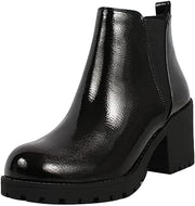 SODA ORIGAMI BLACK PAT LUG SOLE MID HEEL FASHION ANKLE BOOTIES ELASTIC GORE