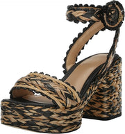 Sam Edelman Iliana Black/Natural Raffia Ankle Strap Open Toe Block Heeled Sandals