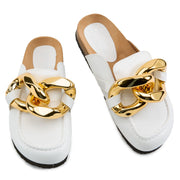 Cape Robbin Colinda White Vegan Slip On Big Buckle Gold Slides Mules Sandals